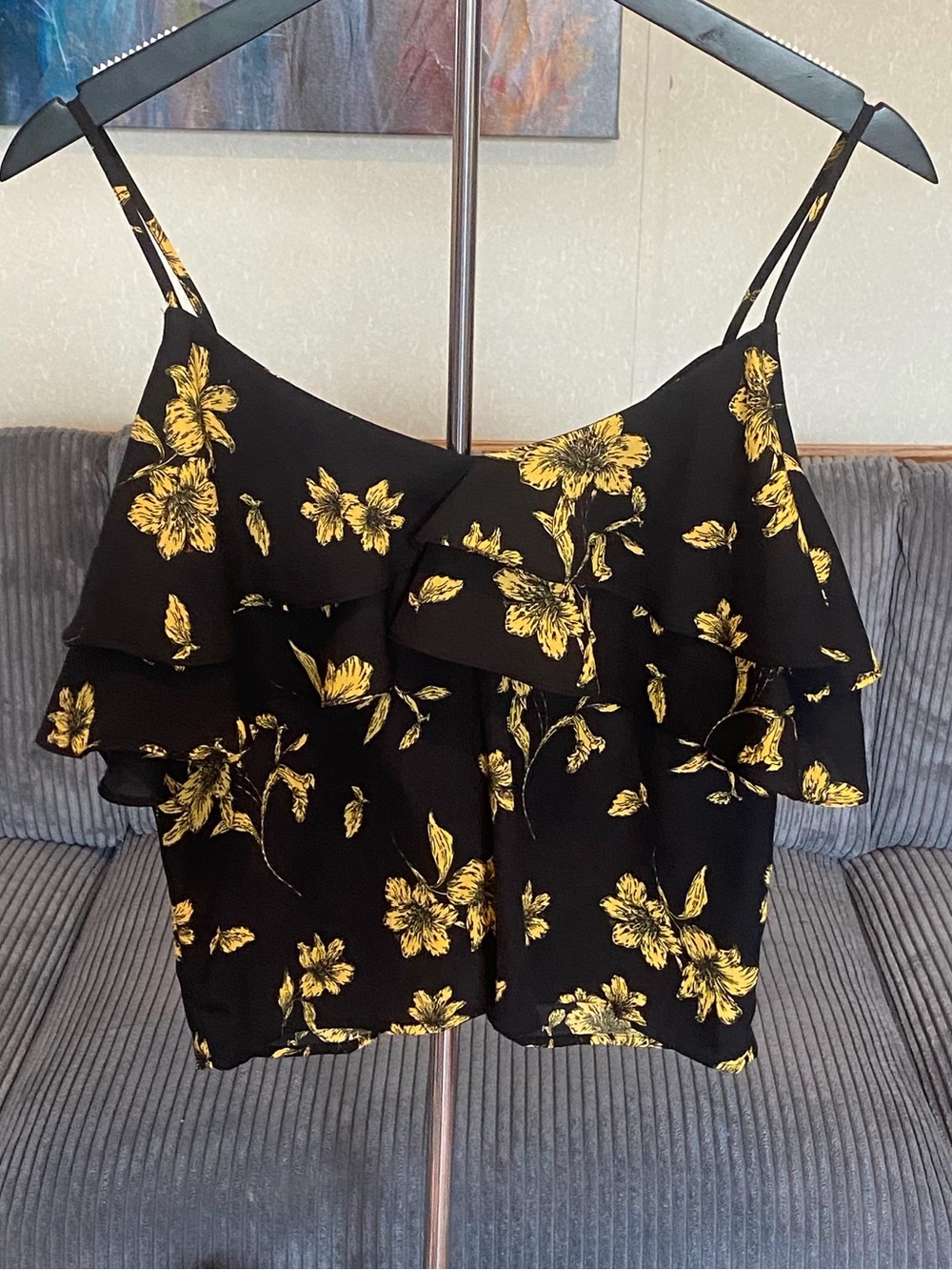 Forever 21 Black and Yellow Floral Ruffle Cami